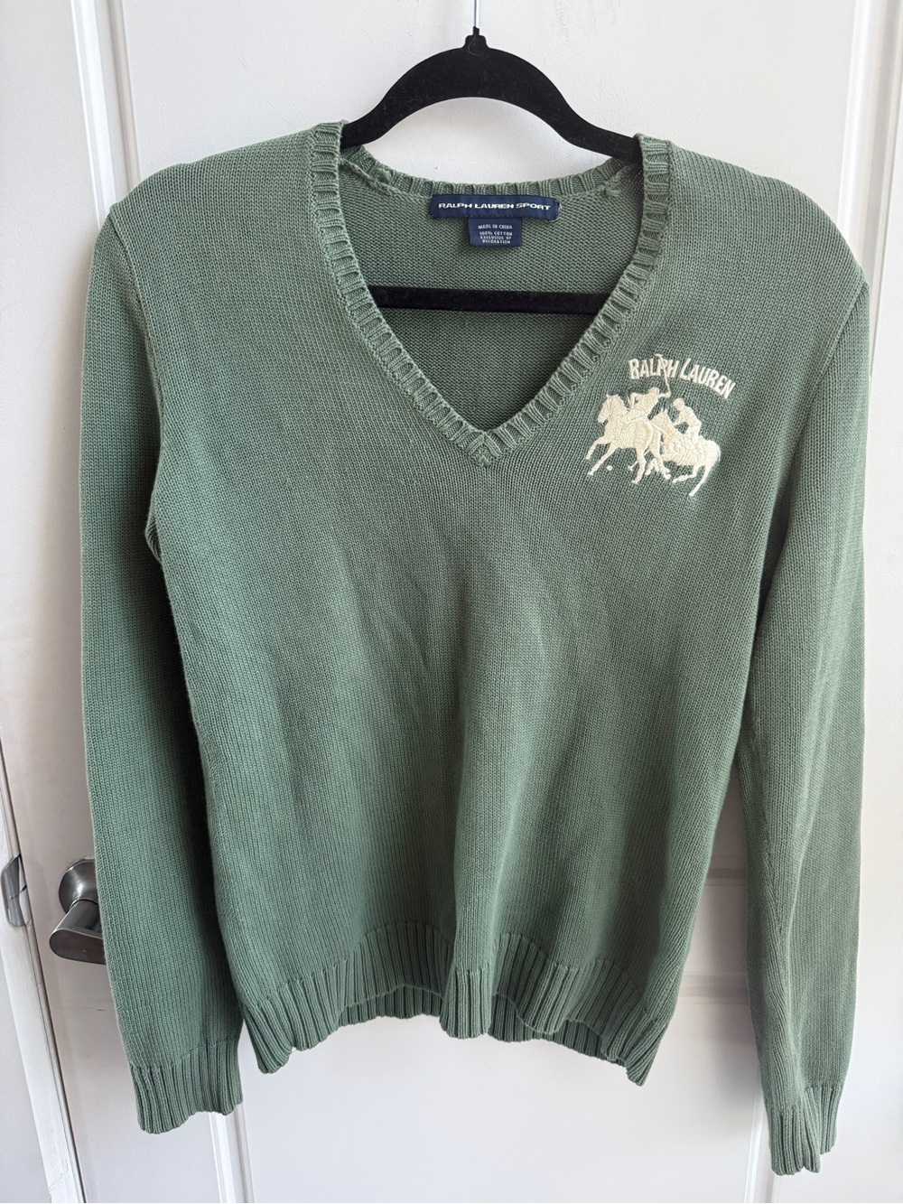 Vintage Ralph Lauren Sport Big Logo V-Neck Sweater Sage Green Size S